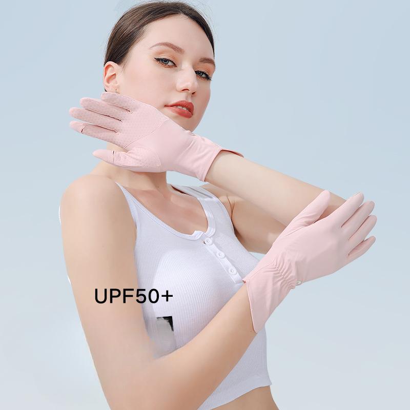 Sommer Eis Seide Damen Handschuhe UV-Schutz Atmungsaktiv Rutschfest Klappbar Sonnenschutz Outdoor Reiten Fahren Finger Touchscreen One Size beige