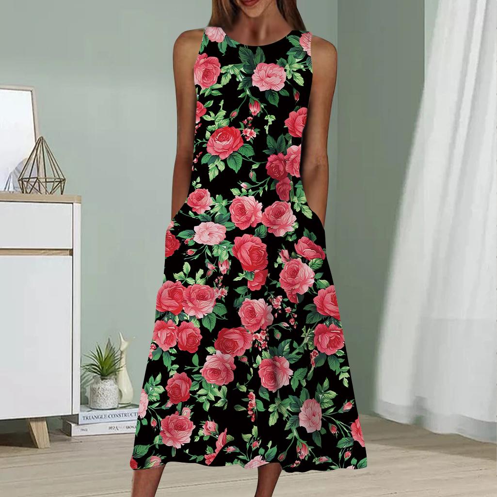 Sommermode Sexy Ärmelloses Kleid Weiches Lässiges Kleid mit 3D-Rosengarten-Print Ärmelloses Sling-Kleid S schwarz
