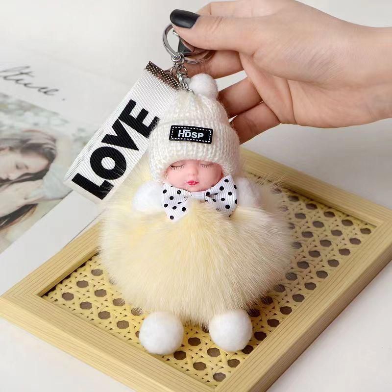 Schlafender Baby-Schlüsselanhänger, süße, flauschige Plüschpuppe, Schlüsselanhänger, Frauen, Mädchen, Taschen, Anhänger, Autos, Schlüsselanhänger, Rucksack, Dekoration, Geschenk beige
