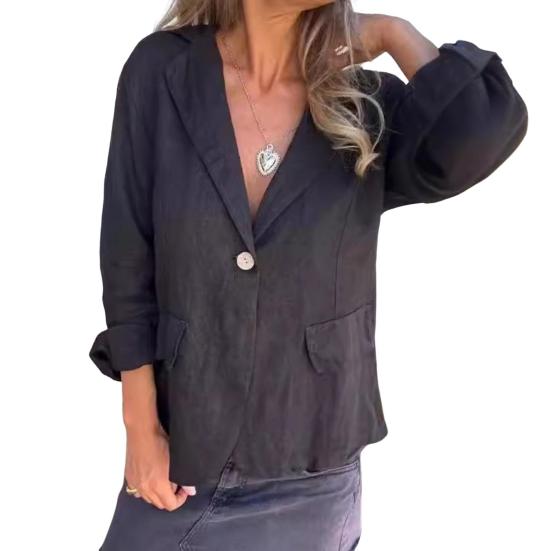 Frauen Anzug Mantel Revers V-ausschnitt Langarm Einfarbig Anzug Jacke Frühling Herbst L schwarz