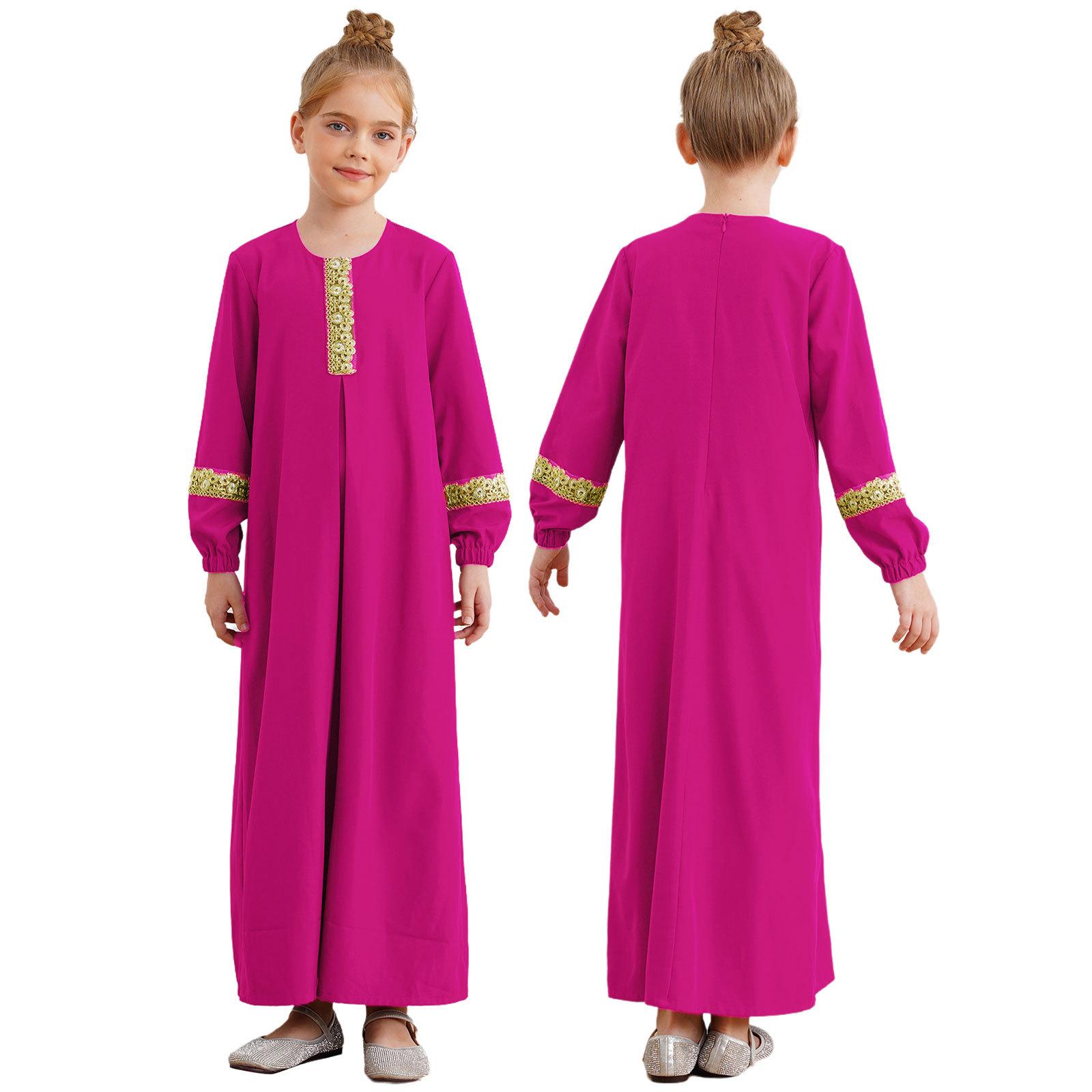 Mädchen Islamisches Abaya Kleid Langarm Rundhals Maxikleid Ramadan Maskerade Outfit 13-14 Years heißes rosa