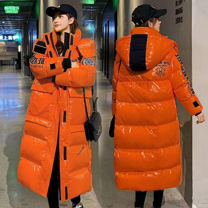 Damen Wintermantel Winterjacke mit Kapuze Schwarz Lange Daunenjacke aus Baumwolle Locker Warm Glänzend Damen Parka Schneemantel Jacke XXL orange