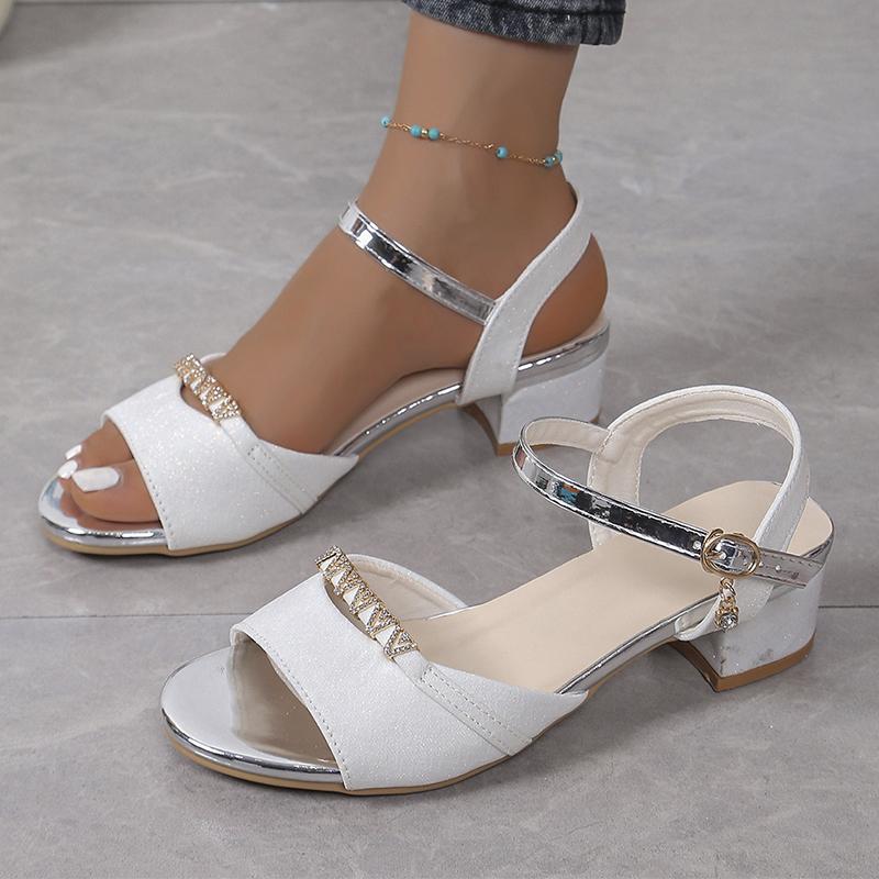 Mode Mode Gold Silber Frauen Dicken Absatz Sandalen Perlen Schnalle Strass Party Frau Schuhe Sommer Punkt Kopf Peep Toe Sandalen 35 silber