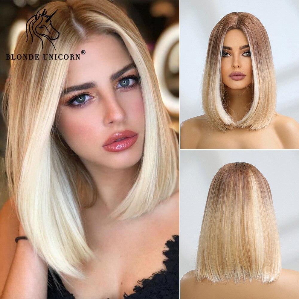 Synthetische Perücke, mittellang, Ombre-Blond bis Platin, für Damen, tägliche Party, Cosplay-Perücken, hitzebeständiges Faserhaar
