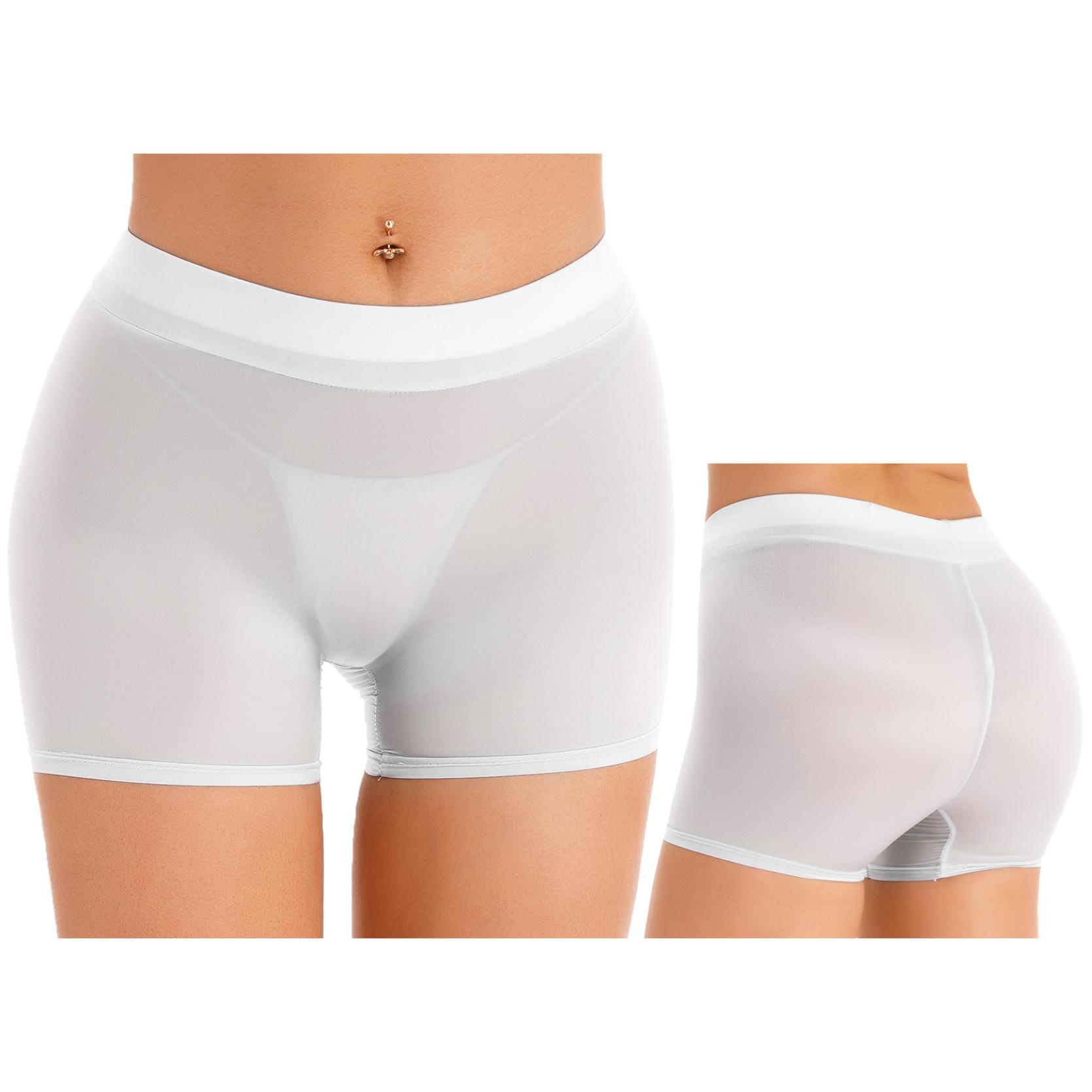 Halbdurchsichtige Damen-Shorts, glänzend, dehnbar, kurze Hose mit niedrigem Bund, Unterwäsche, Nachtwäsche One Size weiß