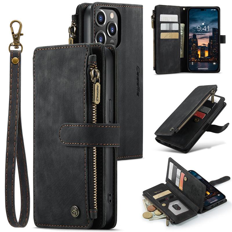 CaseMe Klapp-Leder-Handyhülle Für iPhone 17 Pro Max 16 Plus 15 14 13 12 11 XS XR X Samsung S26 S25 FE S24 Ultra S23 S22 S21 Reißverschluss-Geldbörse Kartenabdeckung iPhone 7 Plus/8 Plus schwarz