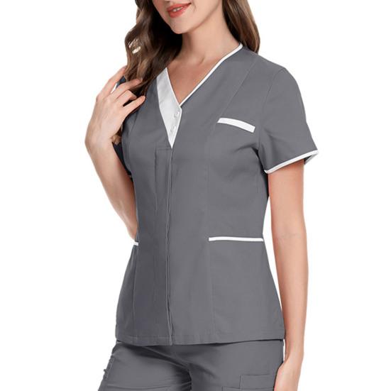 V-Ausschnitt Kurzarm Krankenhaus Krankenschwester Tops Patchwork Farbe Taschen Knöpfe Ausschnitt Tops Dental Chirurgie Tops Arbeitskleidung L grau
