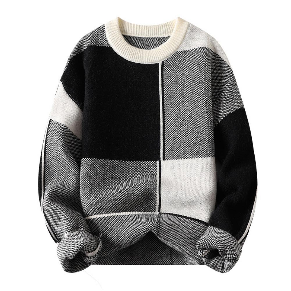 Pullover Männer 2024 Winter Koreanischen Stil Herren Warme Pullover Herren Mode Pullover Plaid Muster männer Wolle Pullover Männlichen M-4XL M schwarz