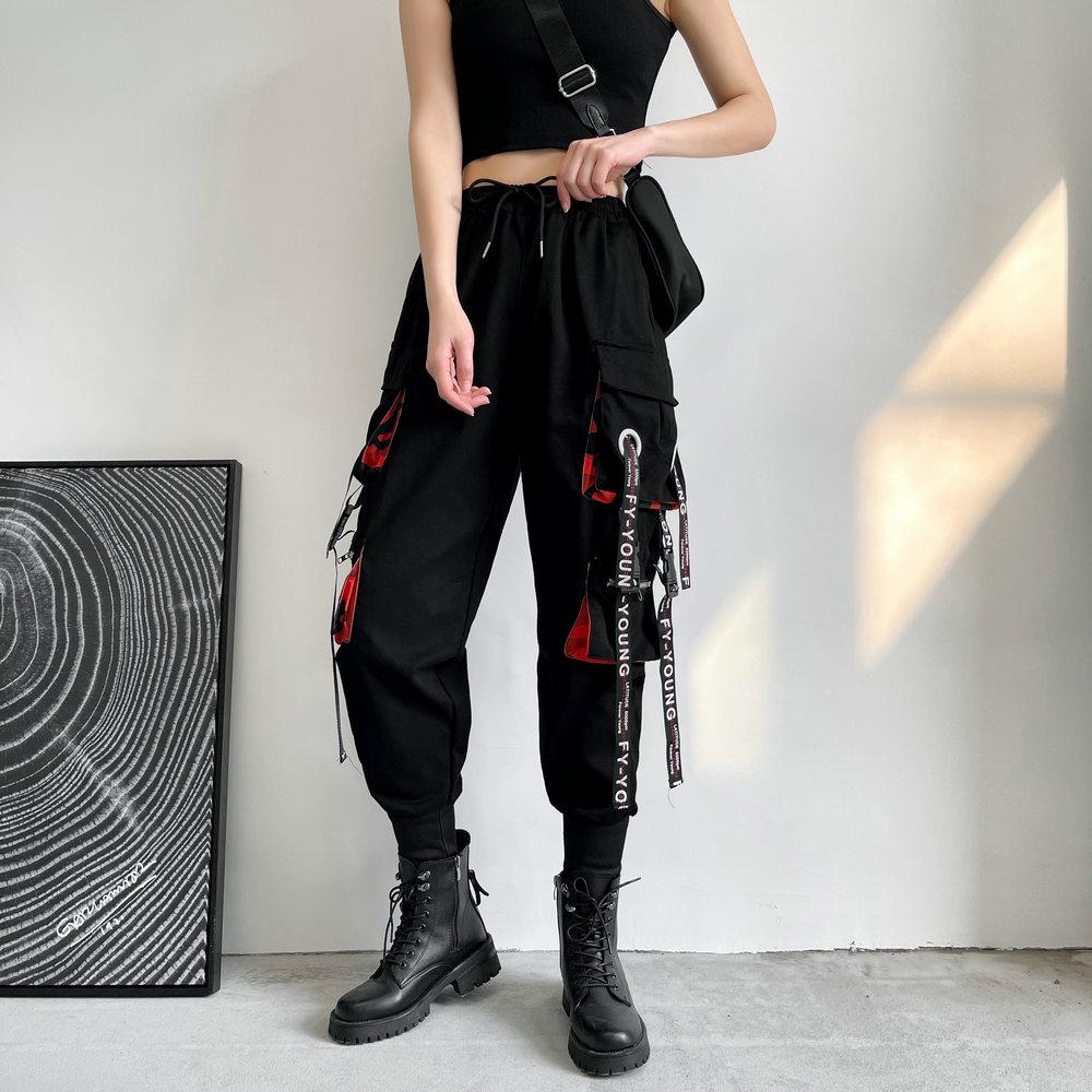 2022 frühling Herbst Harem Casual frauen Hosen Streetwear Baumwolle Bänder Jogger Knöchel Länge Cargo Hosen Für Mädchen M schwarz