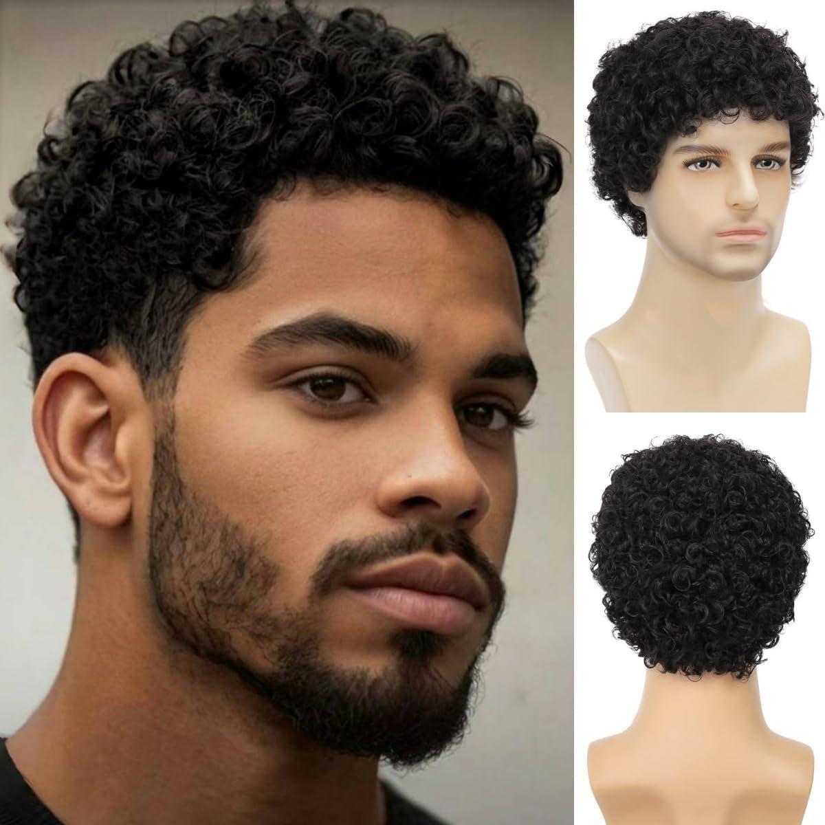 Herren Synthetische Kurze Braune Perücken Stilvolles Schwarzes Lockiges Haar Mit Pony für Tägliche Party Cosplay Hochtemperaturfaser schwarz