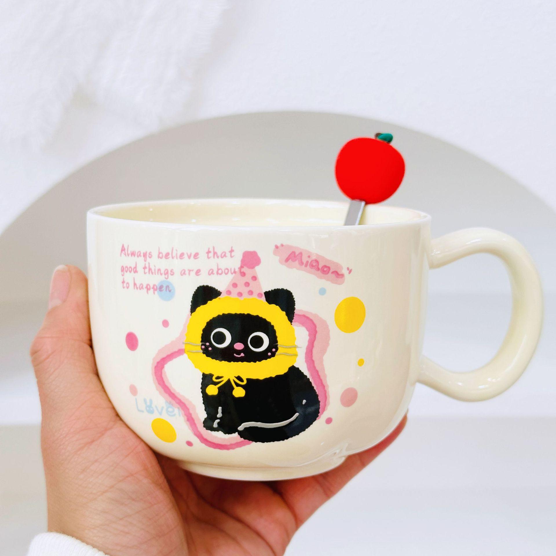Apfel Katze Rot Souvenir Set Cartoon Niedlich Festlich Keramiktasse mit Deckel Löffel Becher Personalisiert Handbecher 350ML