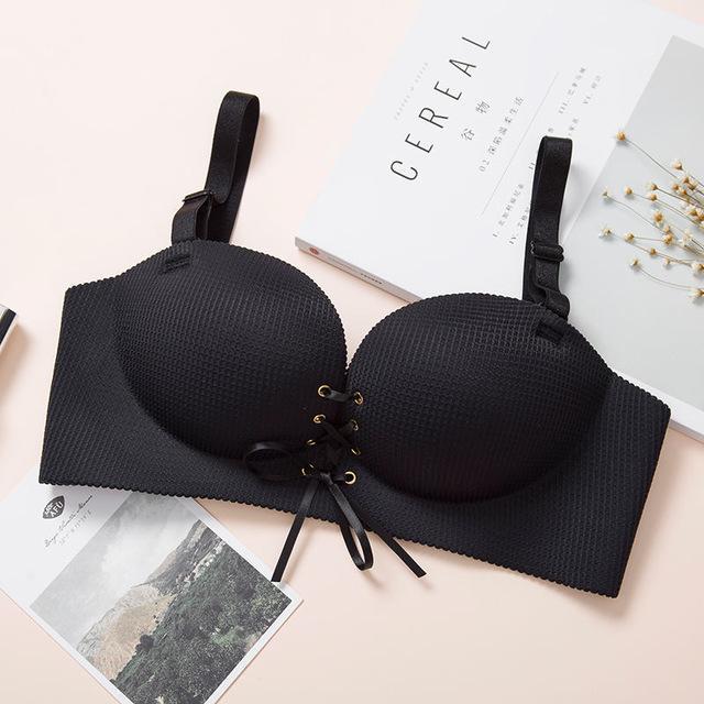 Sexy BH, gepolsterte Push-Up-BHs für Frauen, nahtloser Bralette-Büstenhalter, Dessous mit tiefem V-Bowknot 75C schwarz