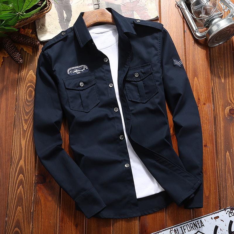 Herren Militär-Stil Business Casual Langarmhemd für Frühling & Herbst Teenager 4XL dunkelblaue