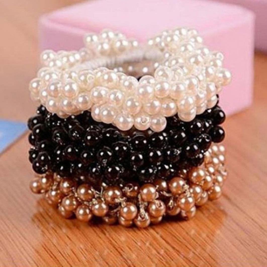 Frauen Mode Seil Scrunchie Pferdeschwanz Halter Faux Perlen Perlen Elastische Haarband kaffeebraun