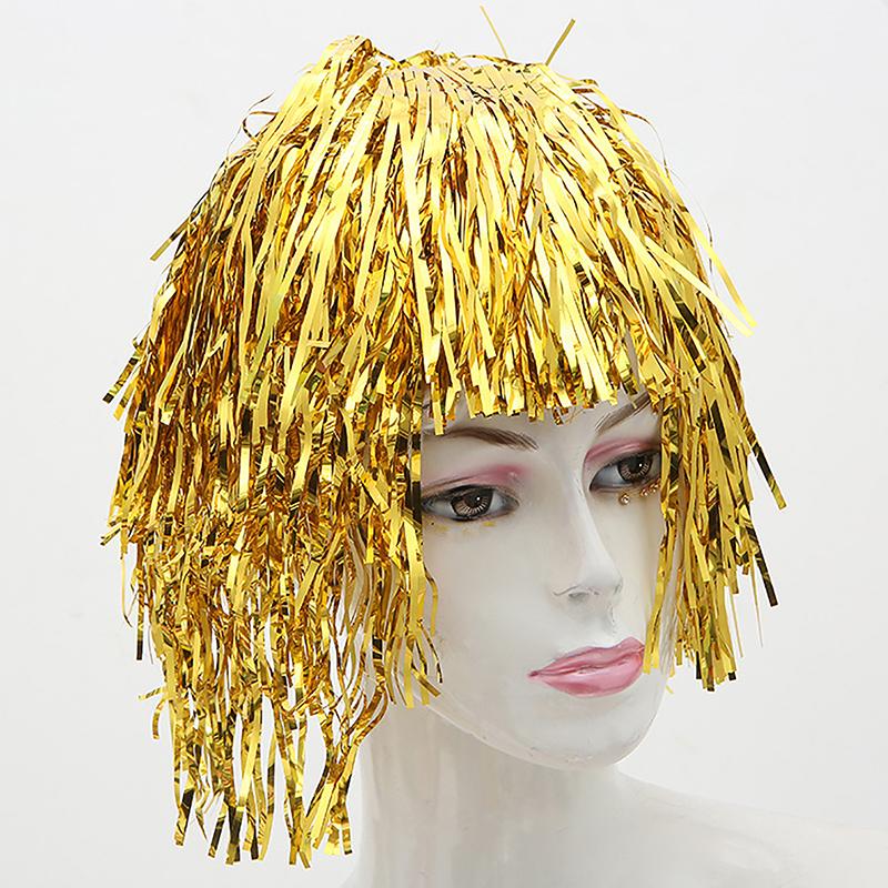 Folie Lametta Perücken Kostüm Cosplay Lustige Glänzende Hut Metallic Haar Zubehör Für Party Karneval Maskerade Perücke gelb