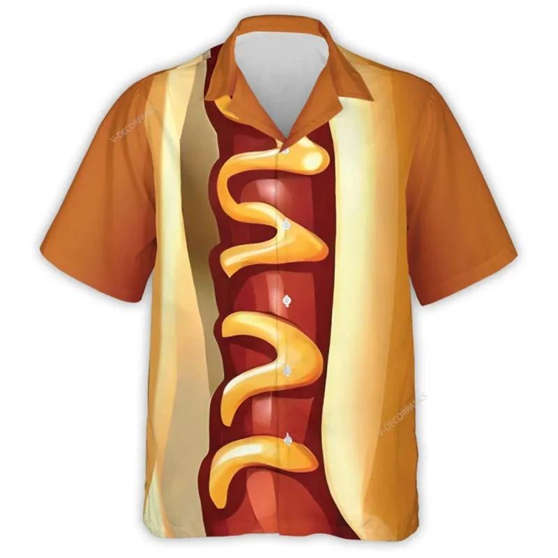 Lustiges Essen Wurst Hemden für Männer 3D-Druck Hot Dog Sommer Hawaiianisches Strand Camisa Lässig Kurzarm Revers Bluse Oberteile Kleidung S