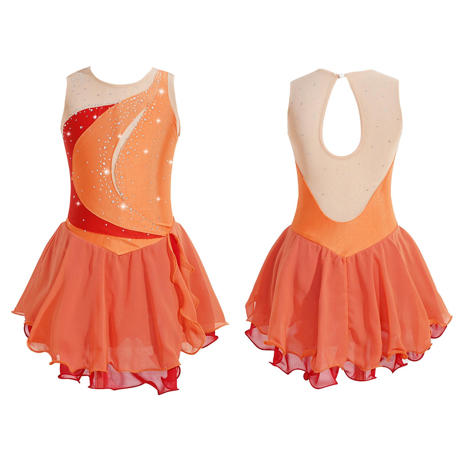 Kinder Mädchen Eiskunstlauf Kleid ärmellos Strass Wettbewerb Kostüme Ballett Tanz Tutu Rock 7-8 Years orange