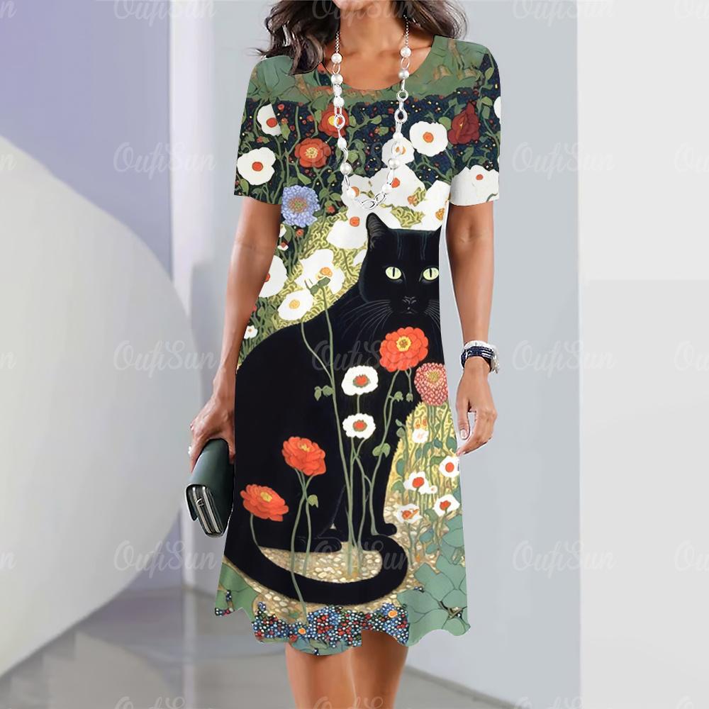 Neue Damenkleider mit Cartoon-Katzen-Aufdruck, Sommerurlaub, elegantes Kleid, kurzärmelige Kleider für Damen, modische übergroße Kleidung 6XL black