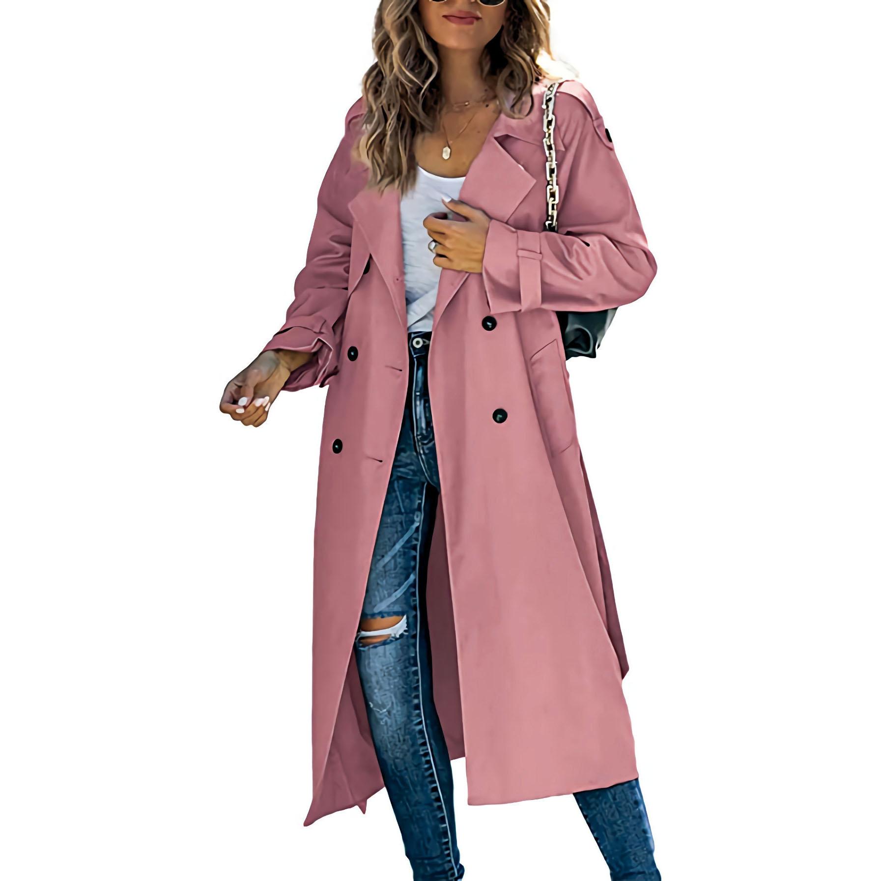 Damen Vintage Langer Trenchcoat Klassischer Zweireihiger Revers Langarm Winddichter Mantel mit Gürtel Elegante Jacken Streetwear XL rosa