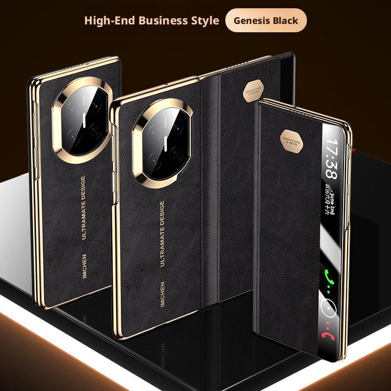 Luxuriöses Öl-Wachs-Etui für Huawei Mate X7 High-End-Leder Smart Window Klappbildschirm Rundum-Schutzhülle Genuine Leather&Huawei Mate X7 schwarz