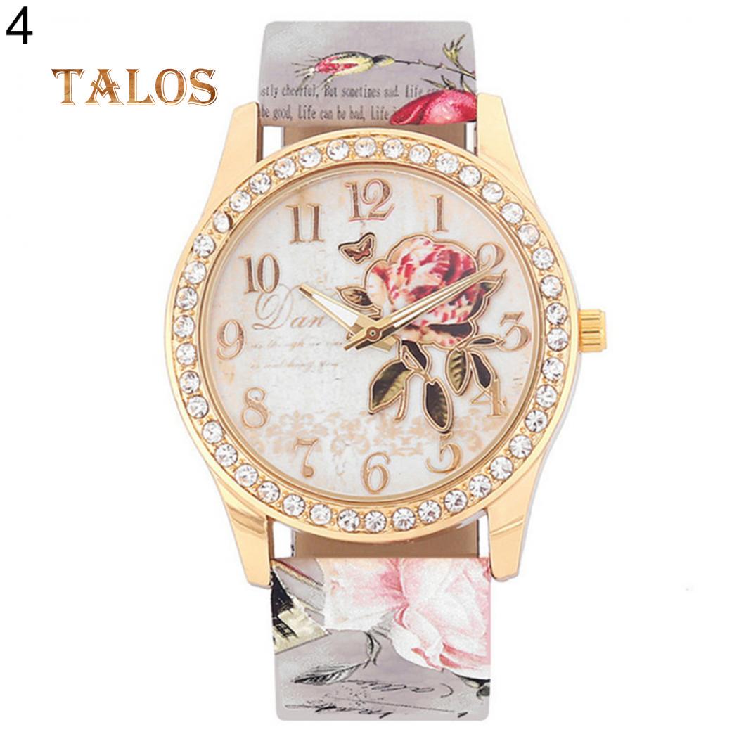 Frauen-Kristallstein-Armbanduhr-Rosen-Muster-Quarz-Armbanduhr