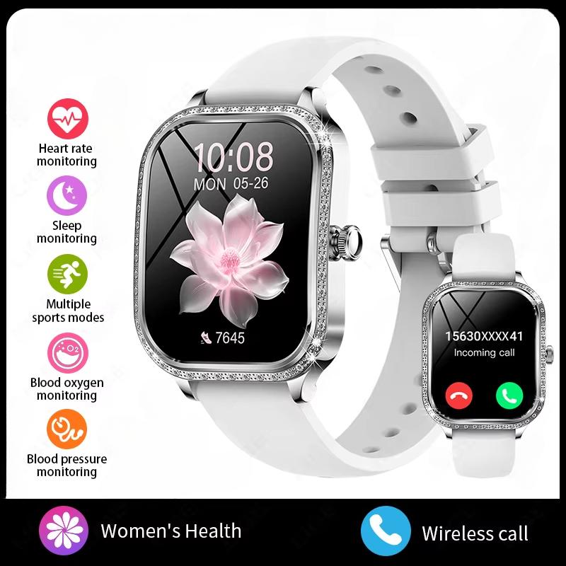 2025 Neue Smartwatch Damen 1,75 HD-Display Herzfrequenzmesser IP68 Wasserdicht Sport Fitness BT Anruf Smartwatch Für Dame Geschenk Silicone Belt silber