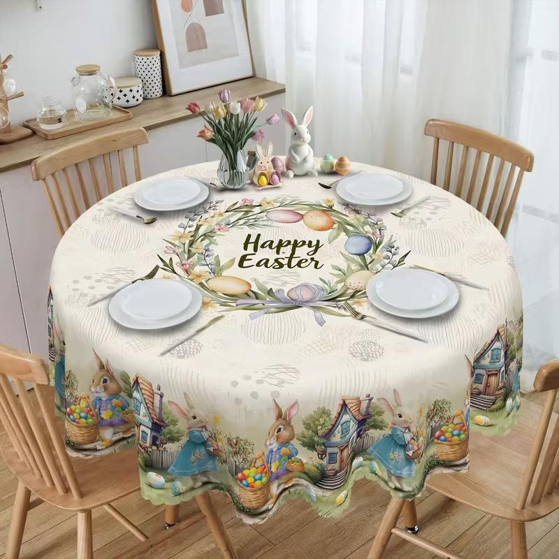 1 Stück Tischdecke mit Vintage-Muster, Wunderschöne Frühlings-Tischdecke mit süßem Hasen und goldenem Ei, Florale rechteckige Tischdecke, Dekorative Tischdecke, Küchenzubehör rect 90*140cm