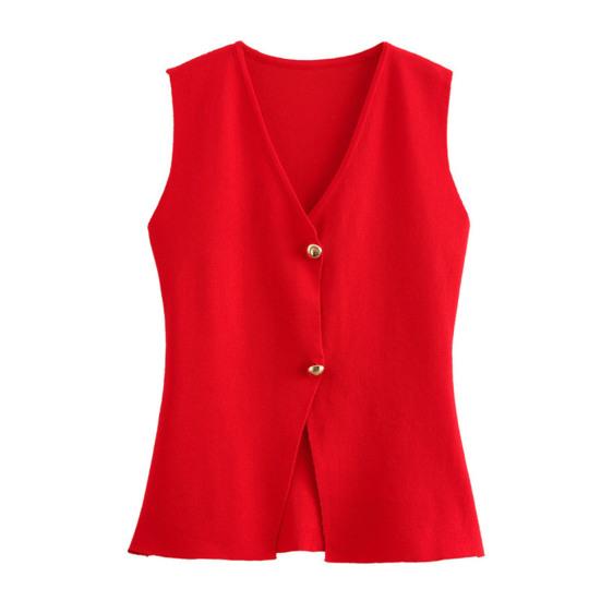 Damen Sommer V-Ausschnitt Weste Knopfleiste Ärmellos Anzugjacke Weste Lässig Business Blazer Weste Top L rot