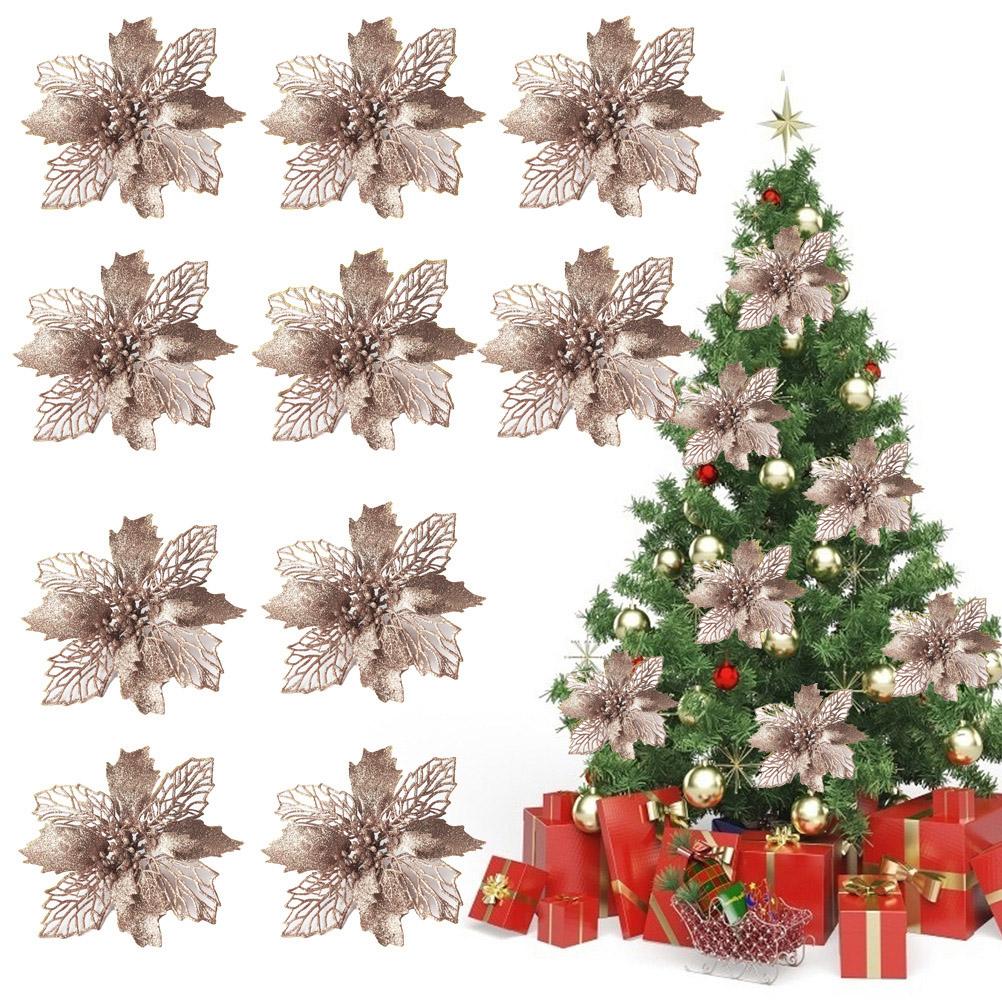 10 STÜCKE Weihnachten Glitzer Poinsettia Blumen Weihnachtsdekoration Wiederverwendbare Künstliche Blumen