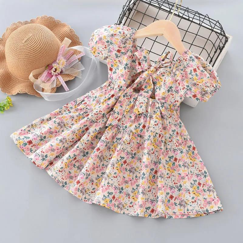 Sommer Mädchen Blumenkleid Kinder Baby Schleife Kurzarm Prinzessin Kleider für Mädchen Baumwolle Kinder Kleidung 100 rosa
