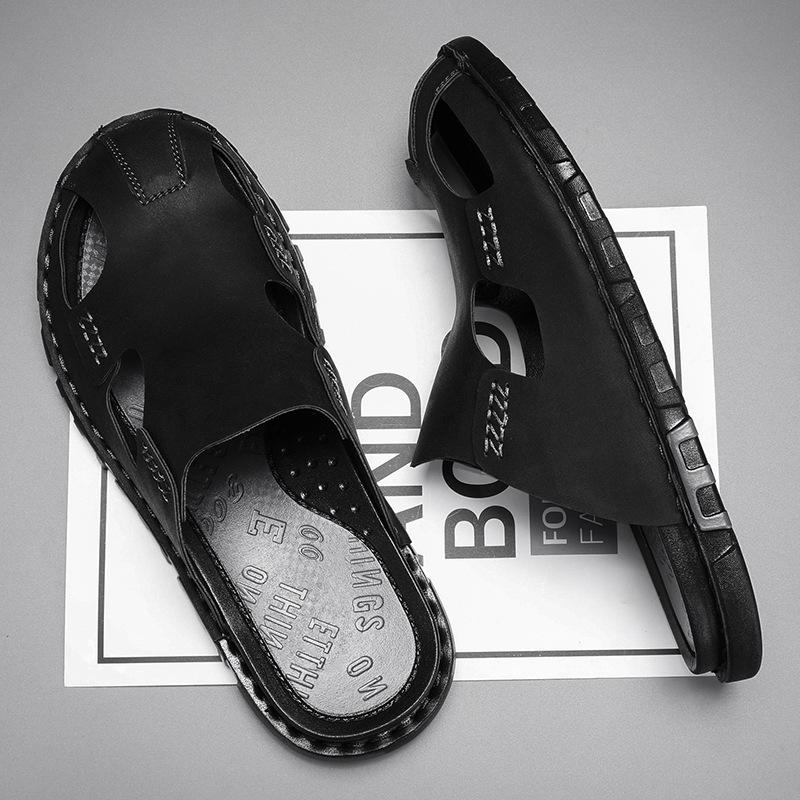 Mode Herren Hausschuhe Sommer Baotou Halbschuhe Luxus Rindsleder Hausschuhe für Herren Designer Hausschuhe 2025 Neue Lässige Strand Pantoletten 41 schwarz
