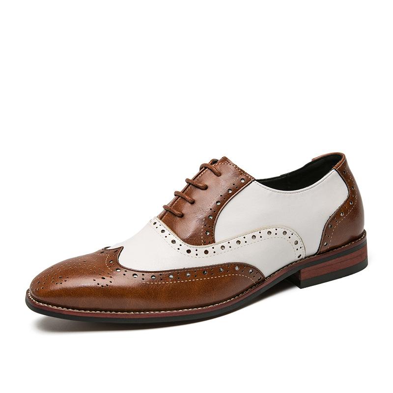 Herrenschuhe aus Leder von Brock im britischen Stil mit Retro-Gravur, lässiges Studio, Hochzeitskleid, Foto, Schwarzweiß, Größe 47 48 braun