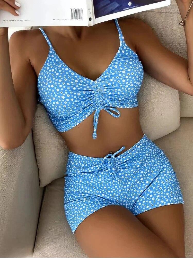 Hohe Taille Bikini Badeanzug Frauen 2024 Push-Up Bikini Floral Badeanzug Druck Bikini boxer Bademode Badehose Badeanzug L blau