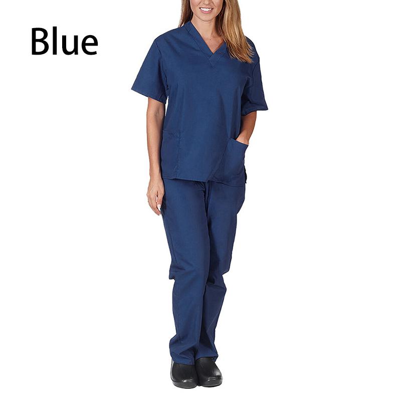 2-teiliges Sommer-Outfit, dünnes, solides Oberteil + lockere Hose, kurze Ärmel, schnell trocknend, Krankenschwester-Anzug, V-Ausschnitt, Krankenpflege, Arbeit M blau