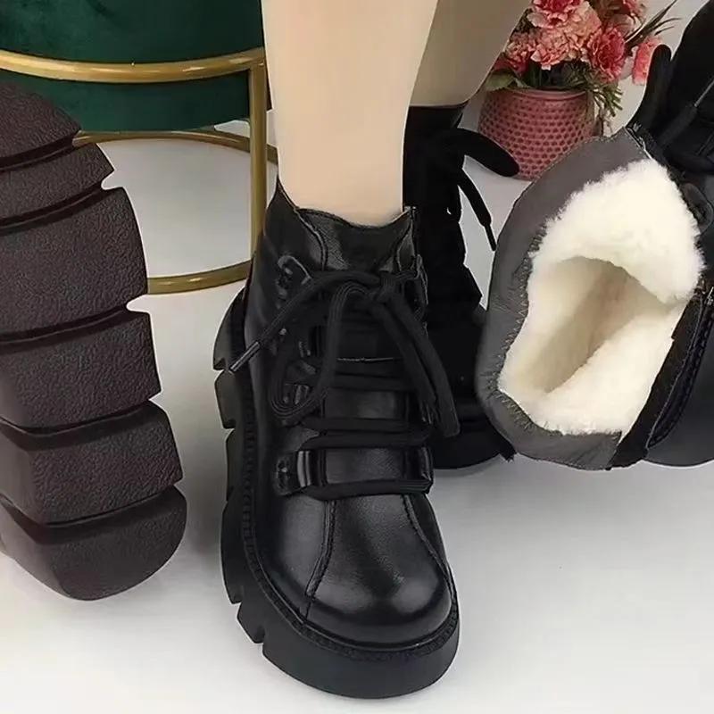 Winterschuhe Damen Schneestiefel Dicke Sohle Warme Plüsch Kalte Winterschuhe Echtes Leder Damen Stiefeletten 38EU/CN39 schwarz