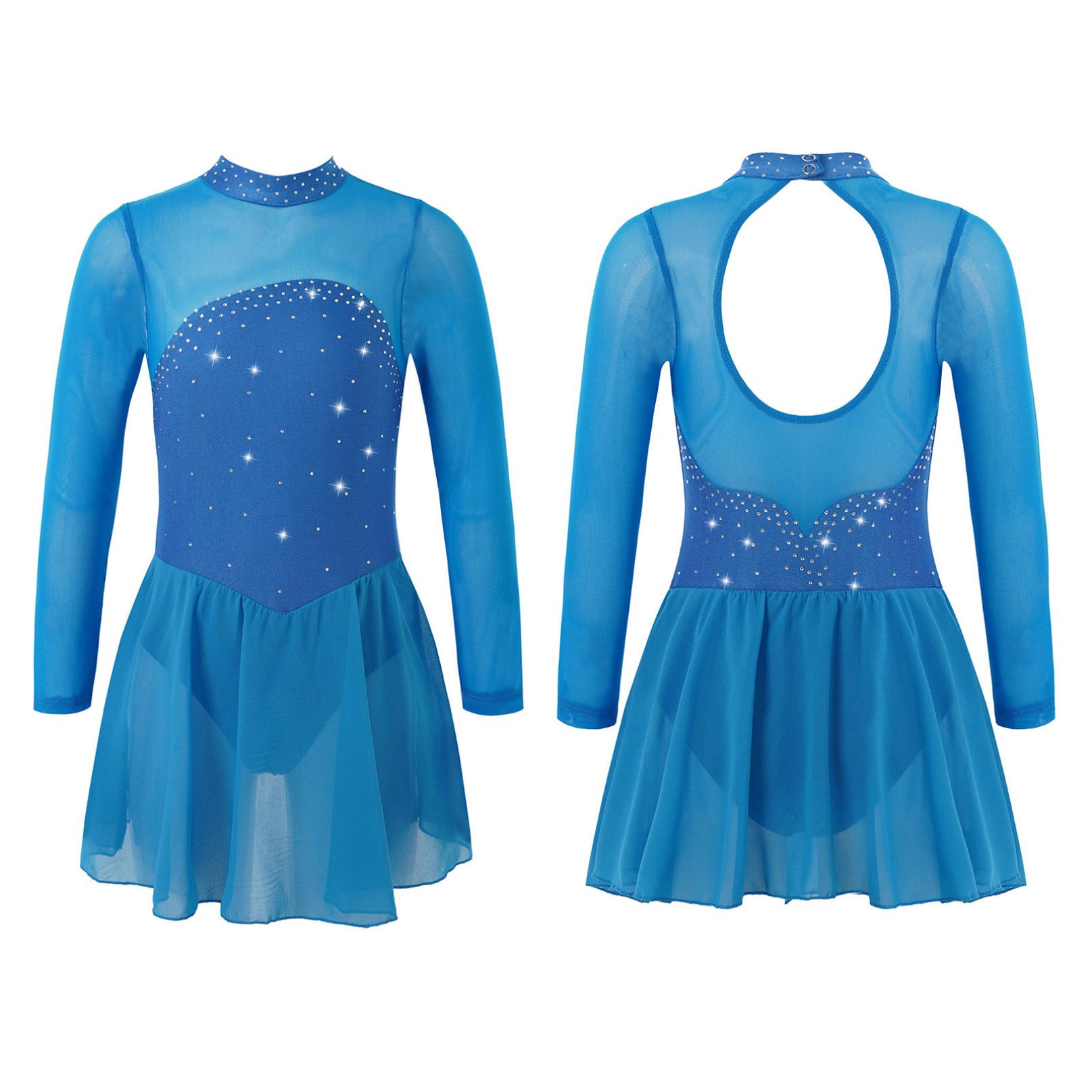 Kinder Mädchen Eiskunstlauf Tanzkleid Langarm Glänzende Strass Mesh Ballett Gymnastik Trikot Kleider Wettbewerb Dancewear 7-8 Years himmelblaue