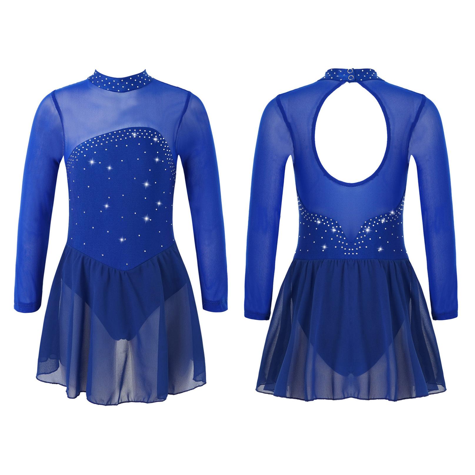Kinder Mädchen Eiskunstlauf Tanzkleid Langarm Glänzende Strass Mesh Ballett Gymnastik Trikot Kleider Wettbewerb Dancewear 7-8 Years königsblau