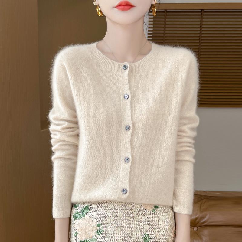 Damen Rundhals Strickjacke Qinghe Kaschmir 30% Kaschmir 70% Wolle Damen Herbst und Winter Kaschmir Strickjacke weich und warm L beige