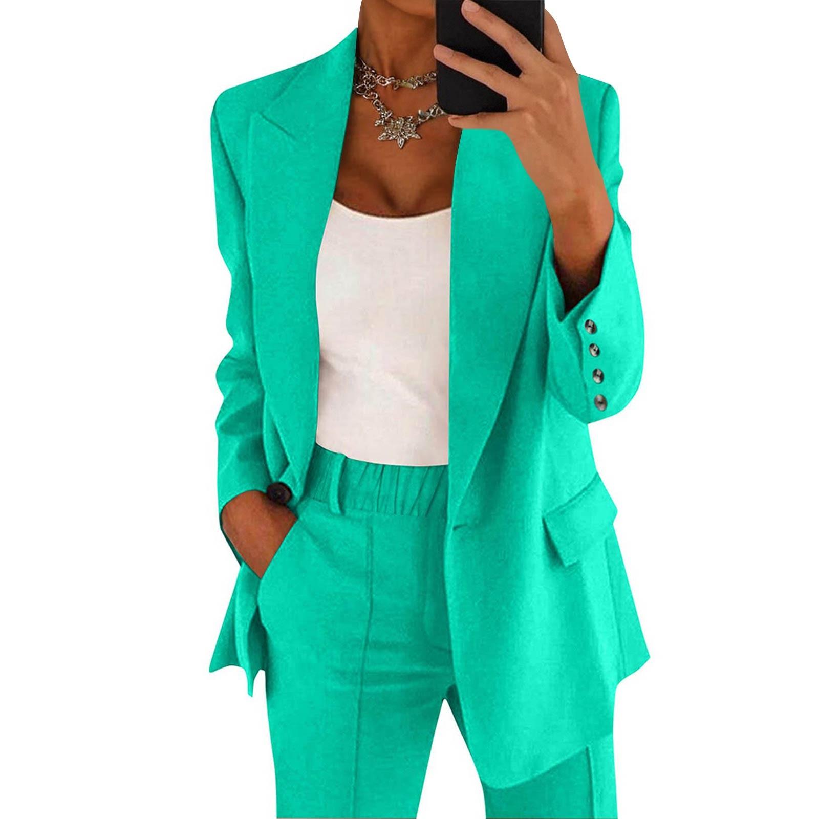 Frauen Casual Langarm Einfarbig Revers Strickjacke Anzug Jacke Hosen Anzug L cyanblau