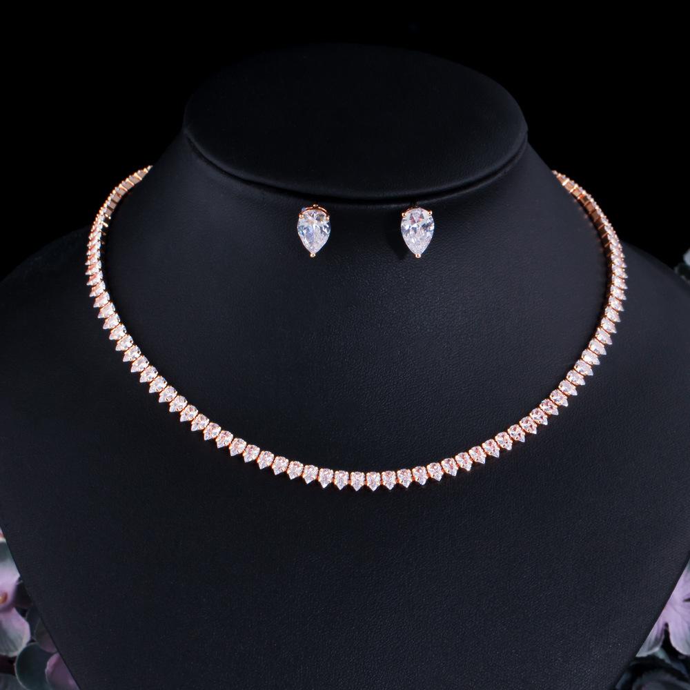 Brautaccessoires Zirkon Schlüsselbeinkette Zweiteiliges Set Damen Hochzeitskleid Personalisierte Halskette Ohrringe Schmuckset Kette rose gold