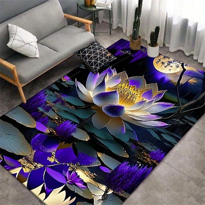 Lila Lotusmuster Bereichsteppich Polyesterfaser Rechteckiger Teppich Stuhlmatte für Büro, Wohnzimmer, Schlafzimmer Waschbare Heimdeko Bodenbelag 50*80cm