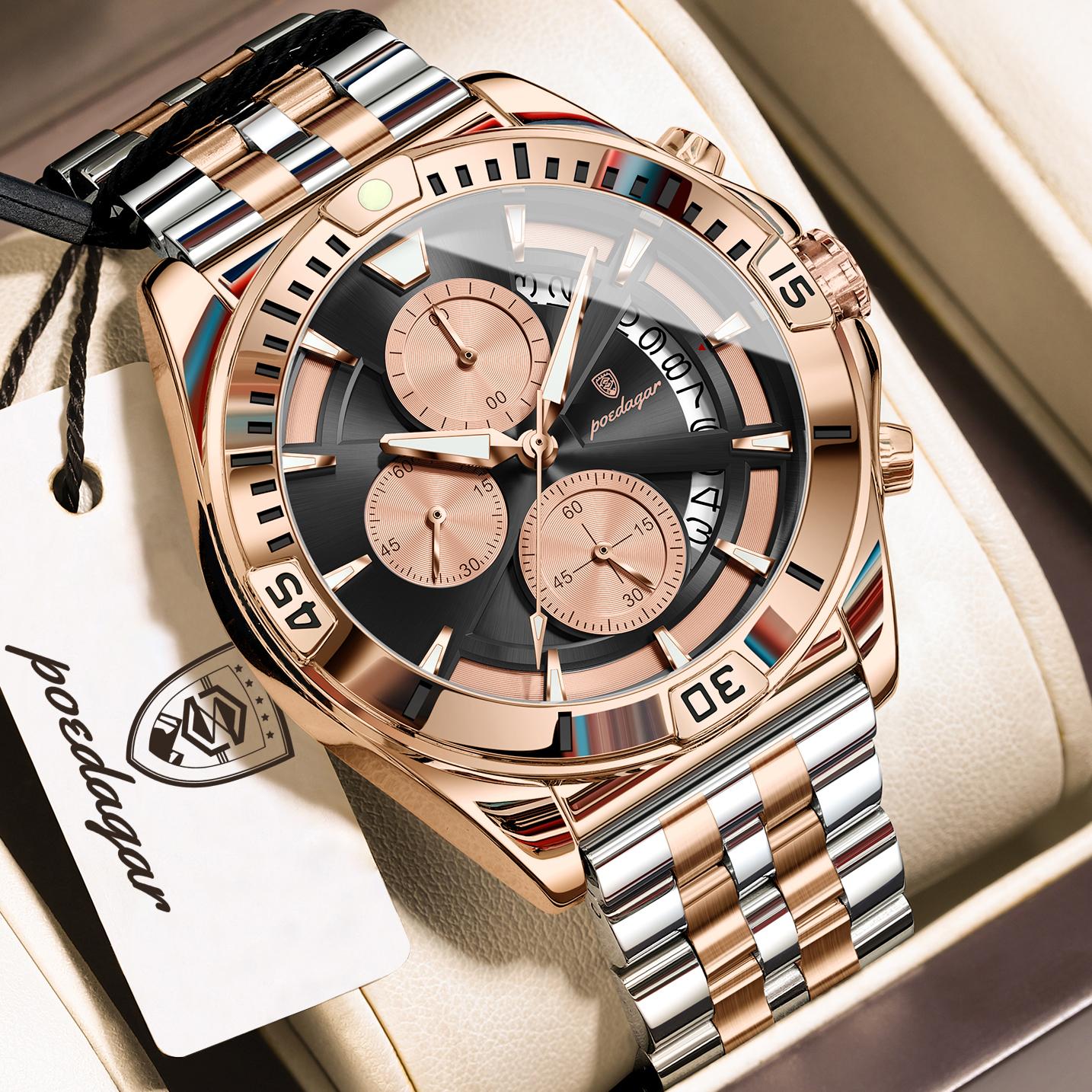 POEDAGAR Luxus Sport Herren Armbanduhr Wasserdicht Leuchtend Chronograph Datum Quarz Herrenuhren Lässig Edelstahl Uhr rose gold/schwarz