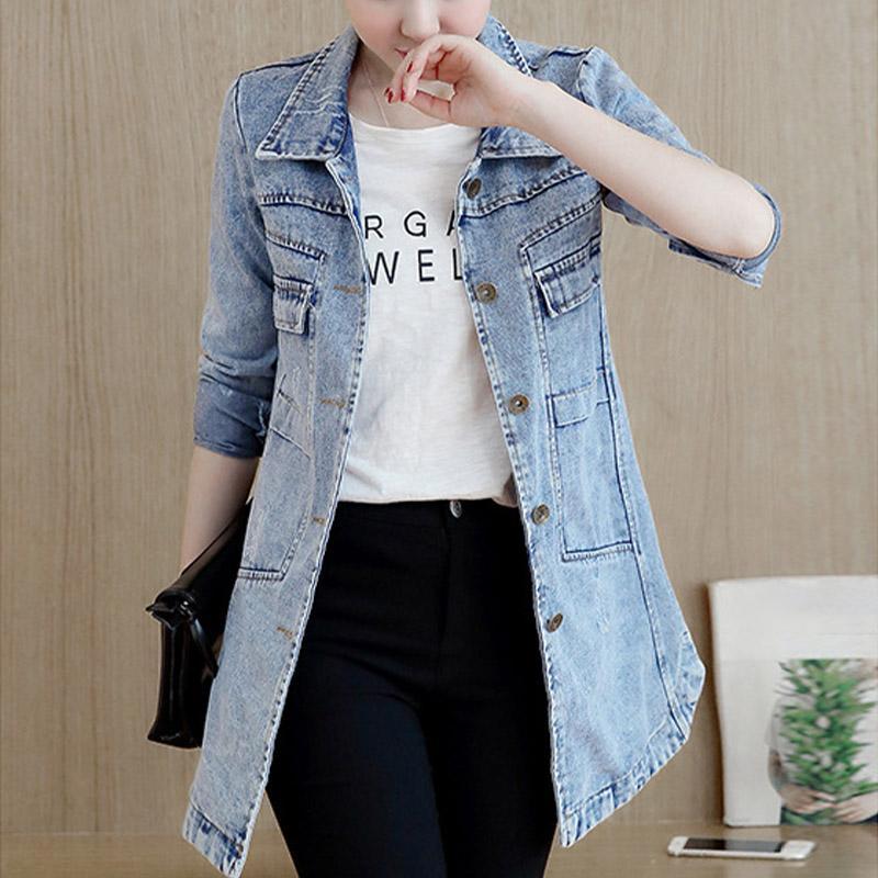 Herbst Jean Jacke Für Frauen Lose Beiläufige Blau Frauen Mäntel Weibliche Outwear drehen-unten Kragen Denim Mantel Feminine XL hellblaue
