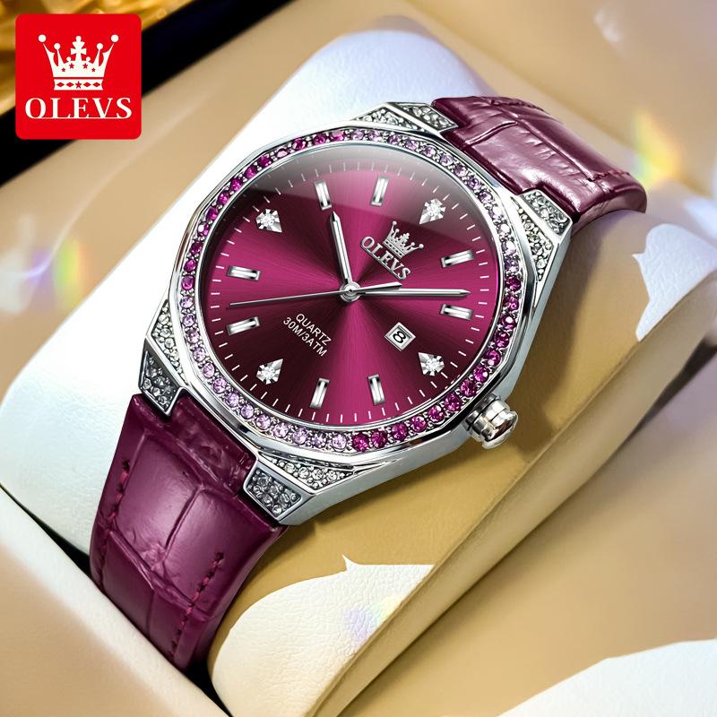 OLEVS Damenuhr Luxus Original Quarz Uhr Wasserdicht Leuchtend Diamantuhr Mode Elegant Damenuhr violett