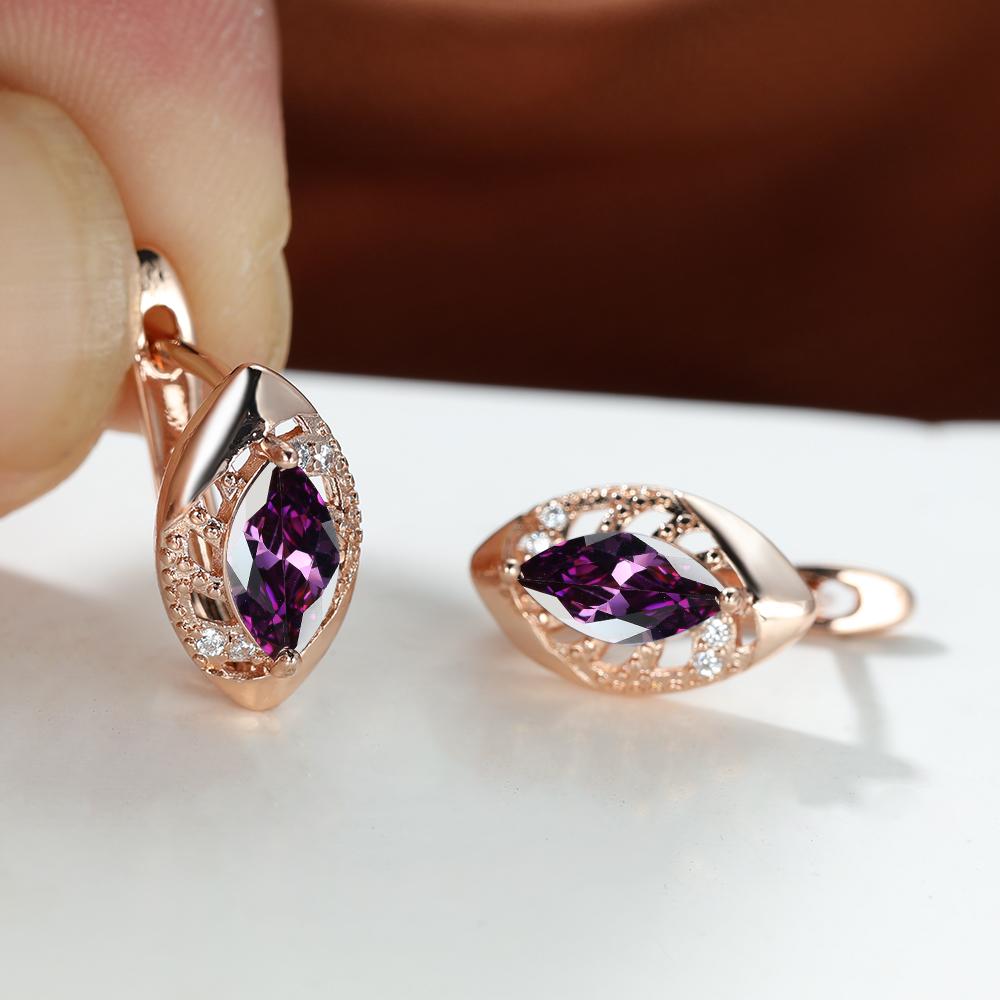 Roségoldfarbene Marquise-Schliff-Ohrringe, Lila, Rosa, Blau, Aqua-Kristall, Hakenohrringe, Geburtsstein-CZ-Tropfen-Ohrringe, hohle Blatt-Ohrringe dunkelviolette