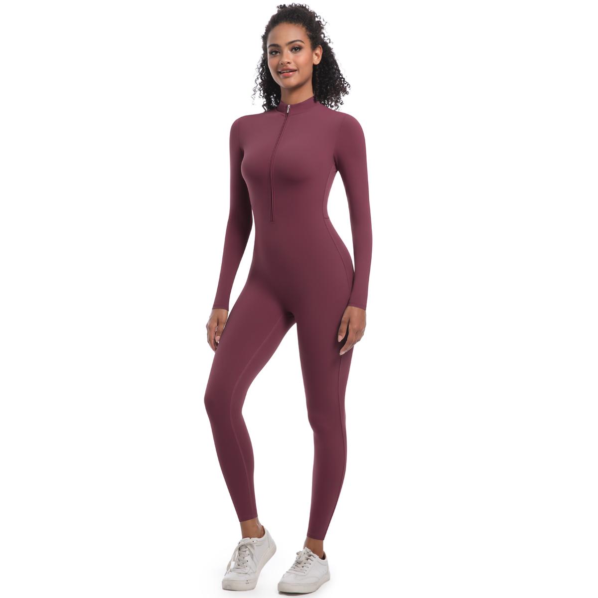 Nessaj Reißverschluss Fitness Jumpsuit Body Training Yoga Jumpsuit Damen Gym Tanz Einteiler Sexy Push Up Sportanzug S bordeaux