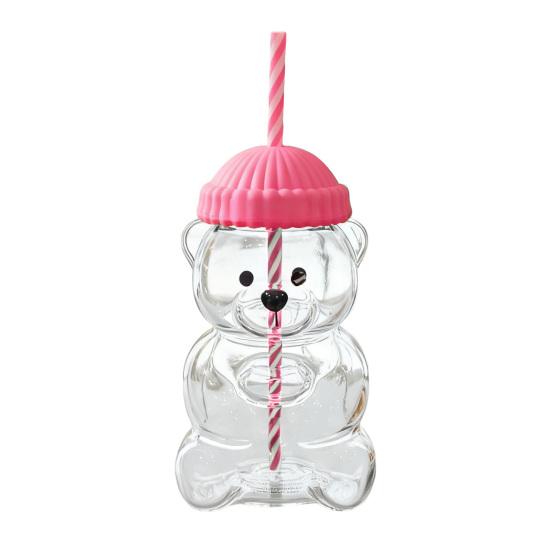 Bärenglas mit Strohhalm Thermobeständige Tasse für Kaffee Bier Cocktails Süßes Trinkglas für heiße & kalte Getränke 1pc plastic rosa