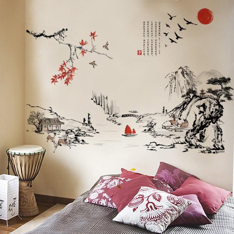 Chinesischen Stil Tuschemalerei Landschaft Kunst Wandaufkleber Wohnzimmer Schlafzimmer Hintergrund für Heimtextilien Wandtattoo Tapete