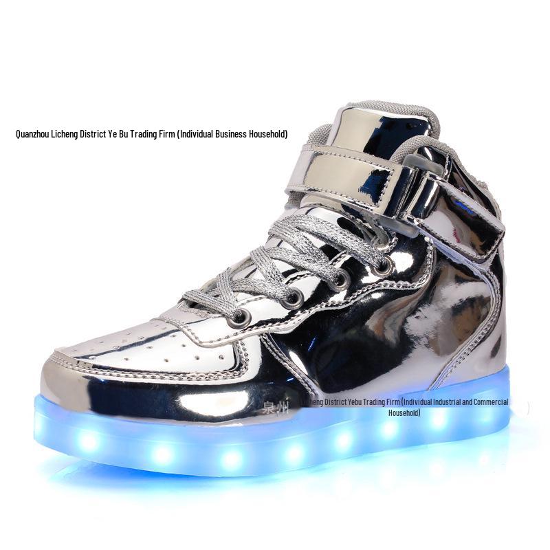 Leuchtende USB-Lade High-Top Skateboard-Schuhe: Modische Größen für Eltern-Kind, Paare und Herren 46 silber
