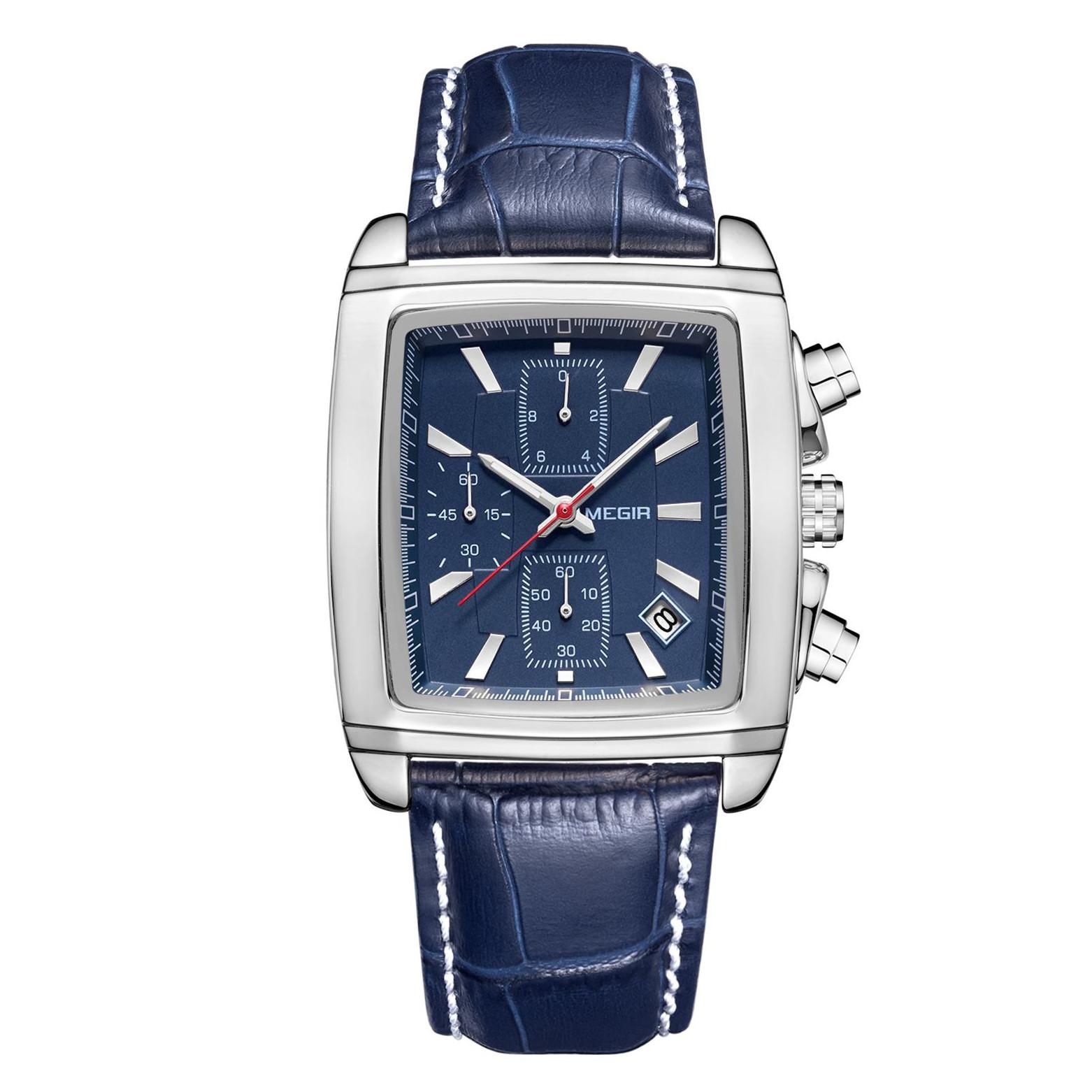 MEGIR Freizeituhren Mode Herren Quarz-Armbanduhren Lederarmband Wasserdicht Leuchtend Herrenuhr Chronograph 2028 blau